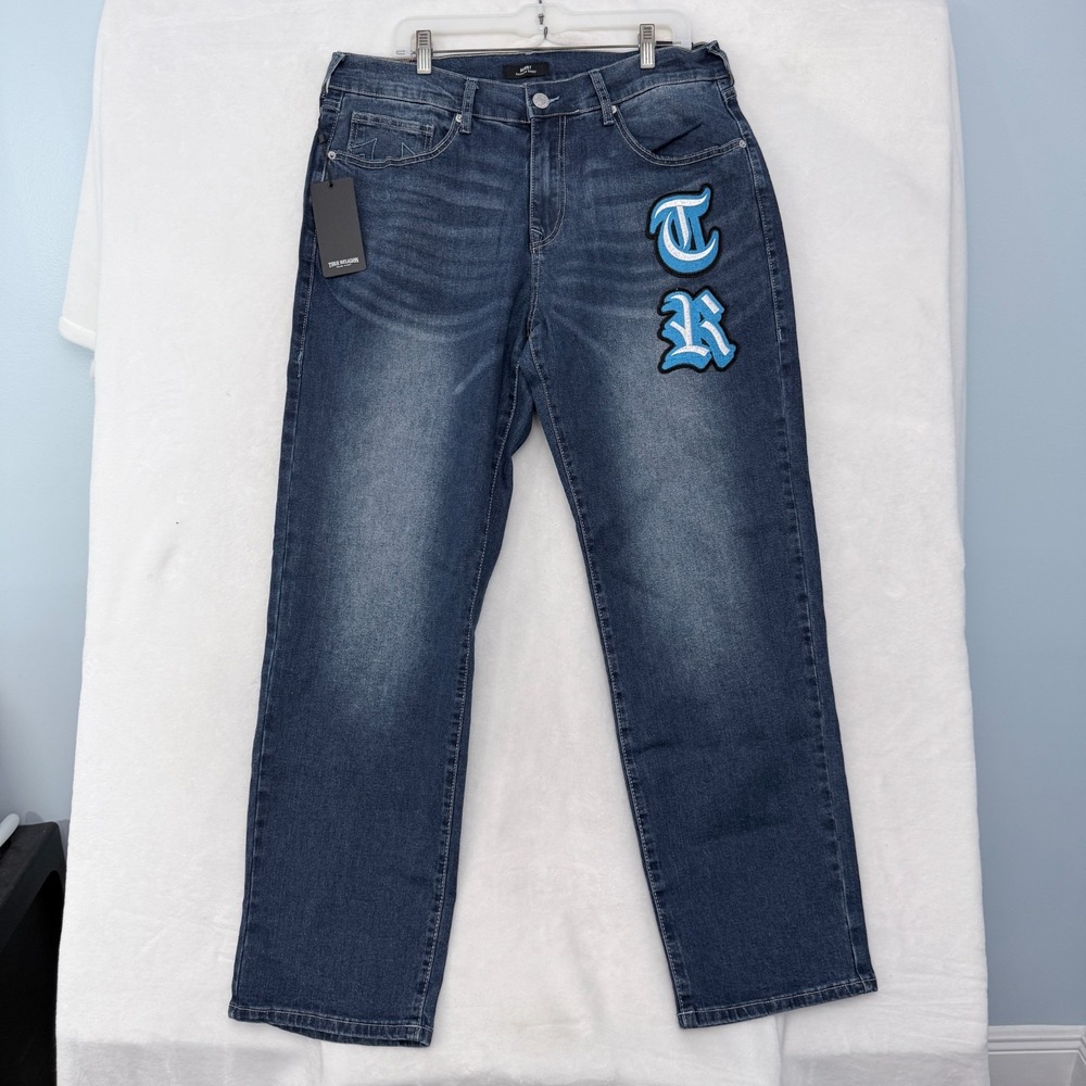 True Religion Bobby Jeans Mens 33x32 Blue Embroidered Relaxed Baggy Stretch